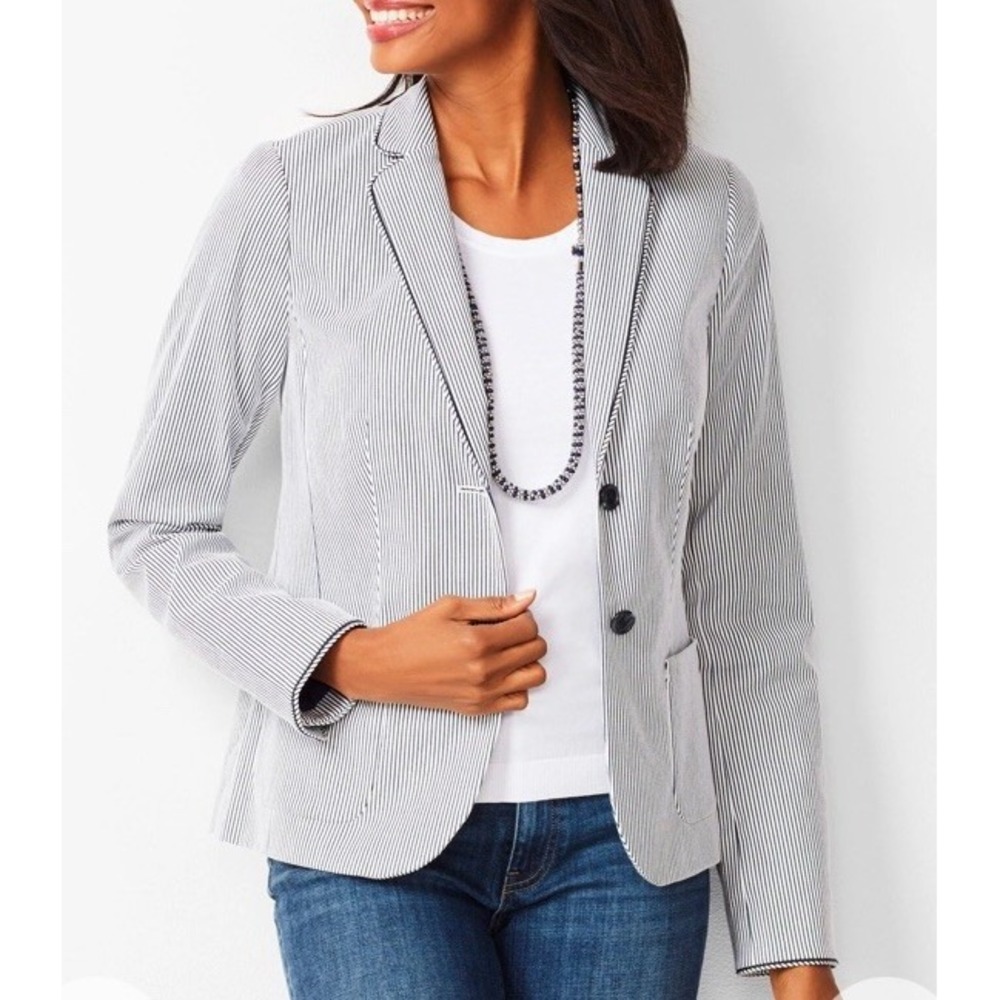 Talbots STRIPE PIPED BLAZER Sz 16 Blue White Striped Seersucker Jacket Preppy